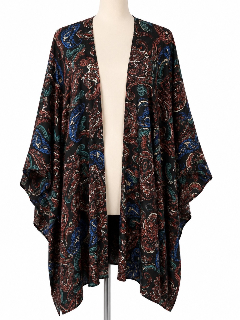 Umgee Multi-Color Paisley Open Front Kimono - Black Base with Blue, Teal, Rust